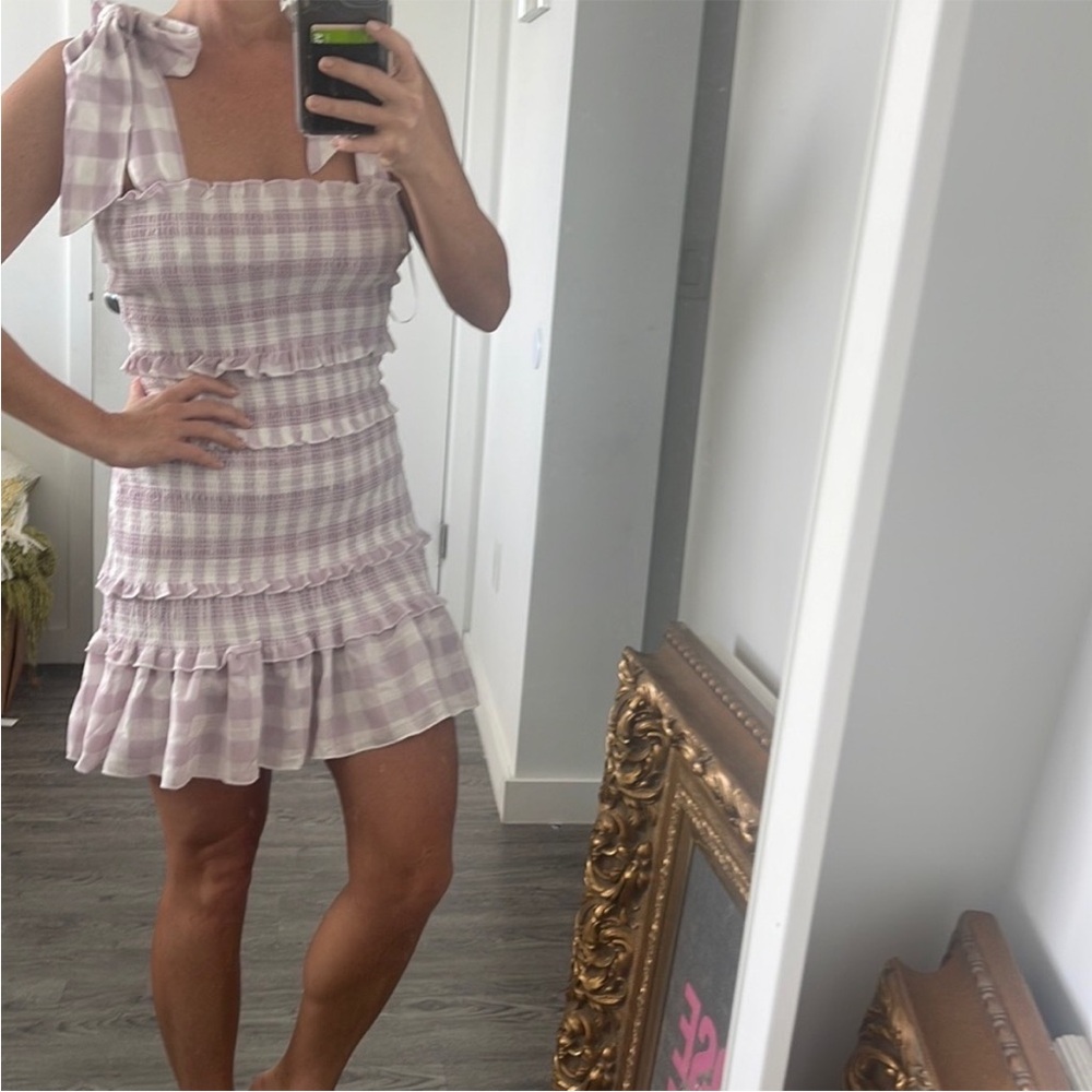 MABLE Lavender Gingham Smocked Ruffle Dress Small - Picture 3 of 10